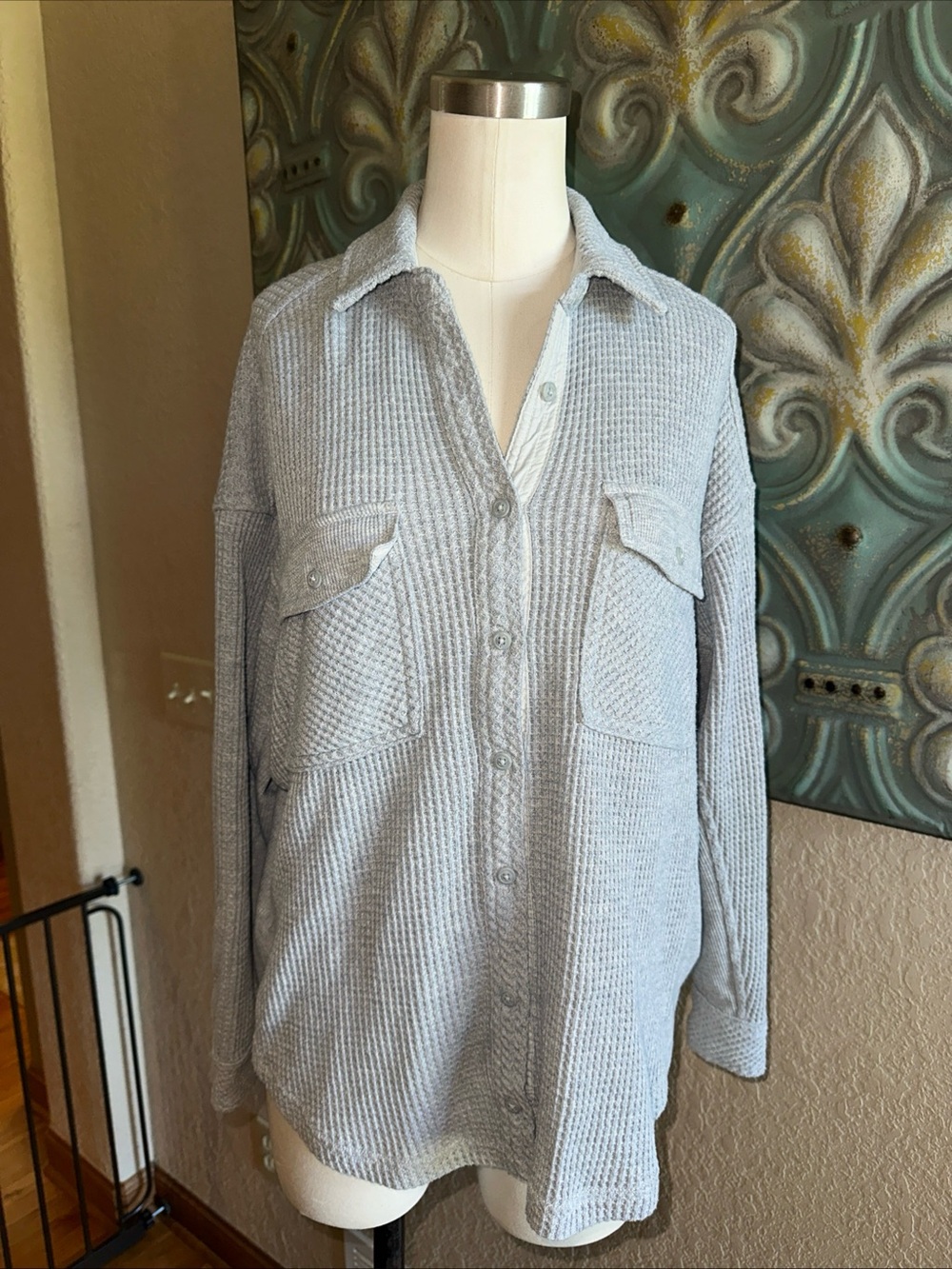 Aerie Lumberjane Waffle Knit Shirt Shacket Sz XXS Thermal Gray Oversized Slouchy